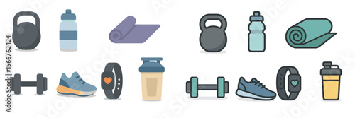 Workout gear and fitness accessories displayed on a clean surface including weights, bottles, and yoga mats for an active lifestyle