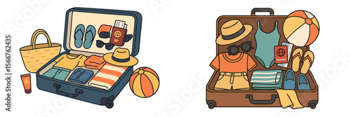 Travel essentials packed for a beach vacation with accessories and clothing at home in summer