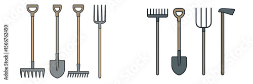 Garden tools for planting and cultivating in a backyard setting during spring season