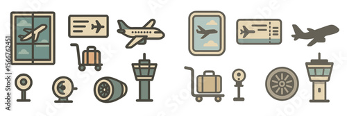 Travel-related icons depicting air travel, airport facilities, and luggage in a modern flat design style