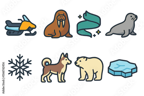 Illustrations of arctic wildlife and activities featuring a snowmobile, walrus, seal, and dogsled team