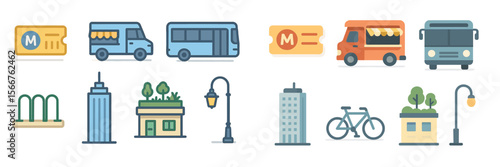 Transport icons featuring buses, trucks, and urban elements in a lively city setting during daytime