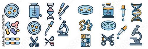 Modern biology and biotechnology icons represent laboratory tools and techniques for research and experimentation in a scientific setting