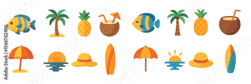 Colorful beach icons featuring fish, palm trees, tropical fruits, and surfboards for summer vibes