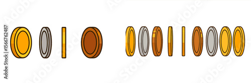 Coins of various colors and sizes arranged in a line showing different perspectives and types in a minimalist style suitable for coin collectors