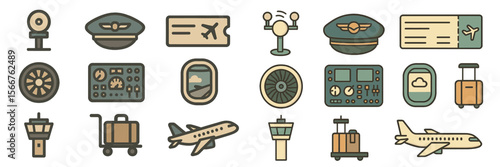 Air travel icons featuring airport symbols, airplanes, and luggage in a simple design