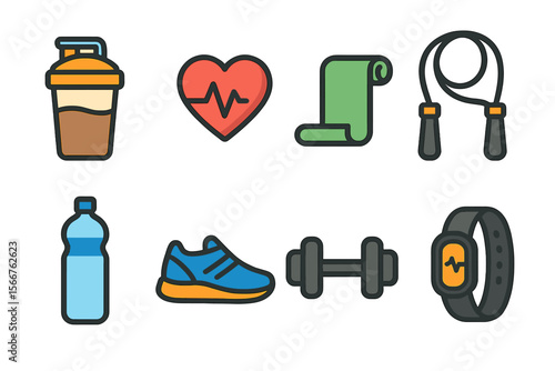 Fitness icons representing healthy lifestyle choices and exercise essentials for a balanced routine in modern living