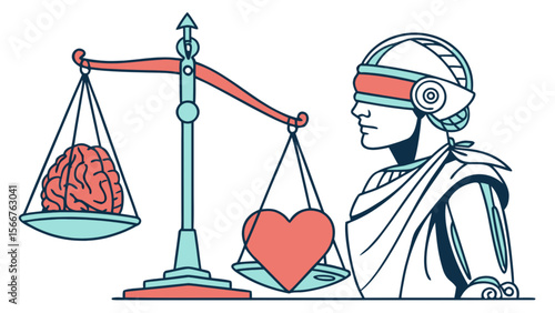 Balancing act of ai ethics and human values with heart and brain on scales of justice concept