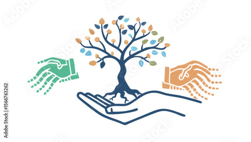 Illustration of tree in hands for growth concept and environmental care and support vector graphic design