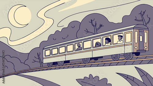 Train ride at night illustration with passengers travel and moon light landscape vector graphic design