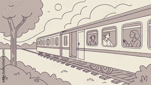 Illustration of train travel with passengers looking out windows and landscape view in the background drawing art