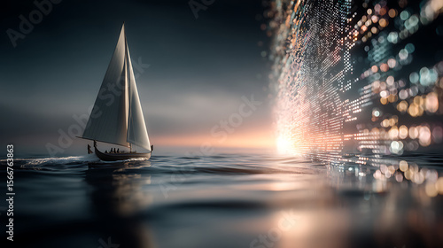 Sailing adventure at dawn ocean digital art tranquil waters side view blending nature and technology