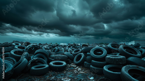 A pile of old tires is scattered across a field