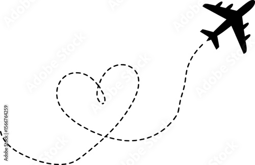Black airplane flying in a heart shaped dashed line path flight travel