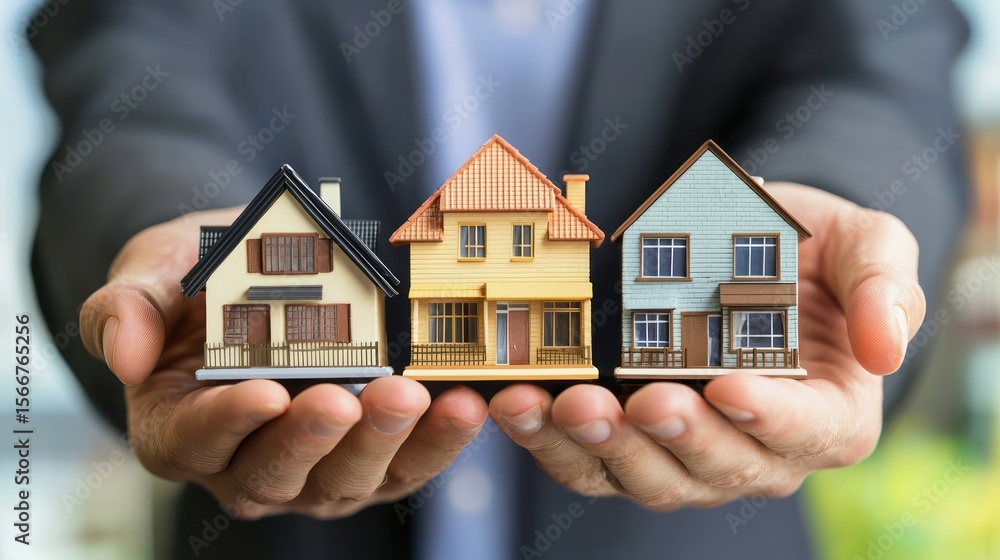 A man holding three miniature houses in his hands. A man holding three miniature houses in his hands.