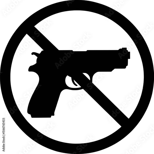 Black silhouette of a handgun crossed out within a circle graphic design prohibition no guns