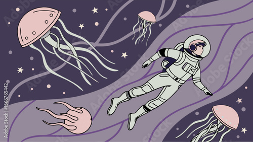 Astronaut in space with jellyfish illustration cosmic adventure exploration fantasy art surreal dreamscape 100