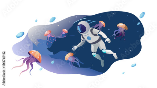 Astronaut in space with jellyfish vector illustration science fiction spaceman exploring cosmic ocean art