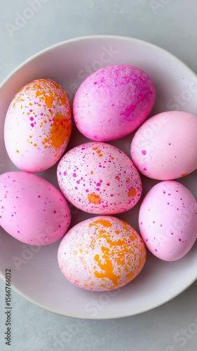A white bowl filled with six pink and orange eggs. The eggs are decorated with colorful sprinkles, giving them a festive and playful appearance. The bowl is placed on a countertop