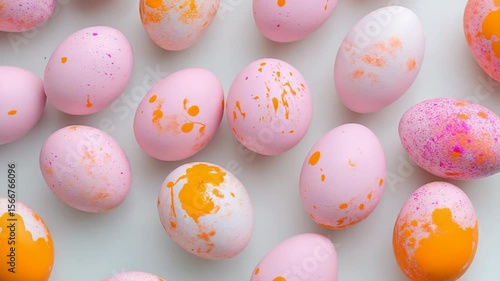 A row of eggs with pink and orange paint splatters. The eggs are arranged in a line, with some overlapping each other. The colors of the eggs create a playful and whimsical mood