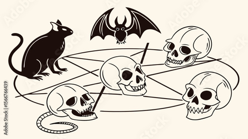 Halloween occult vector graphic featuring a black cat, bat, skulls and pentagram illustration art