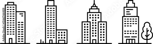 Diverse skyscraper icons with varying heights and architectural styles building architecture