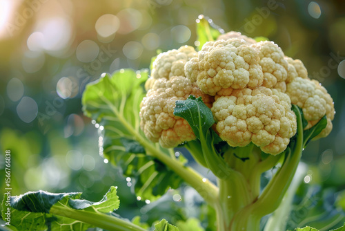 A head of cauliflower is sitting on a leafy green plant