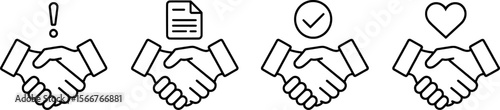 Handshake icons with agreement check mark exclamation and heart symbols deal contract