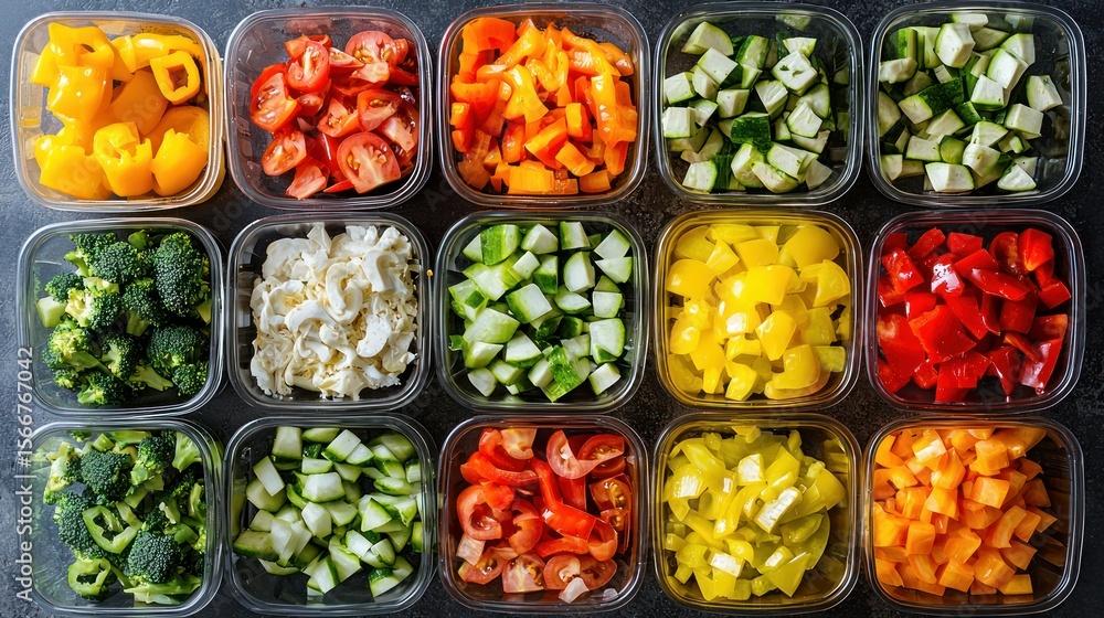 A variety of colorful vegetables arranged in a grid pattern on a dark surface.