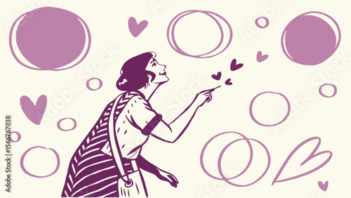 Woman blowing kisses with hearts and bubbles vector illustration drawing design art graphic love romance affection 1920s