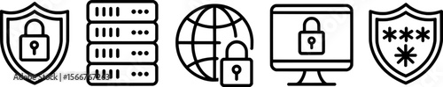 Security icons collection with locks shields servers globe and computer vector