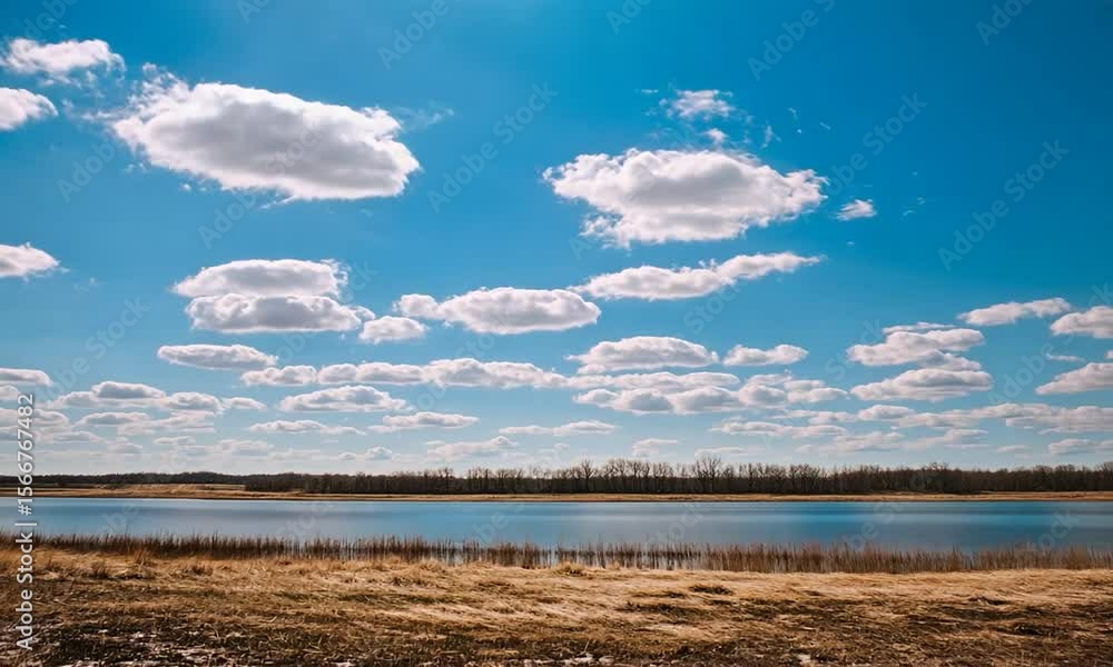 Tranquil Landscape with Blue Sky and Wispy Clouds Over Calm Water and Sandy Shoreline Tranquil Landscape with Blue Sky and Wispy Clouds Over Calm Water and Sandy Shoreline