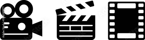Vintage camera clapperboard film strip graphic design set vector symbol