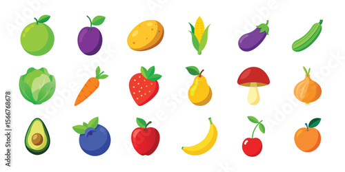 Set of colorful berries and fruits, vegetables. Different vector fruits and vegetables icon set 1