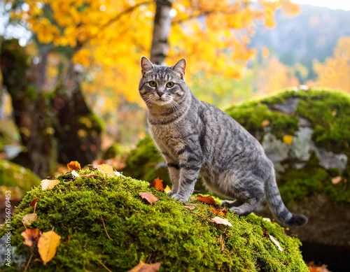 Fototapeta Cat enjoying the breathtaking snow covered mountains in the Dolomites on a sunny winter day. Picturesque alpine scenery a feline friend basks in winter sunlight amid dolomite peak.