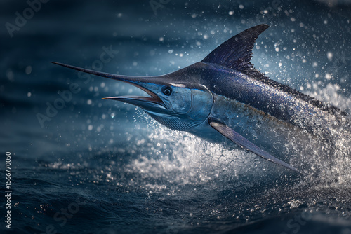 A majestic blue marlin leaps powerfully from the ocean, showcasing the beauty of marine wildlife and the rich biodiversity of natural ocean habitats in a healthy marine ecosystem