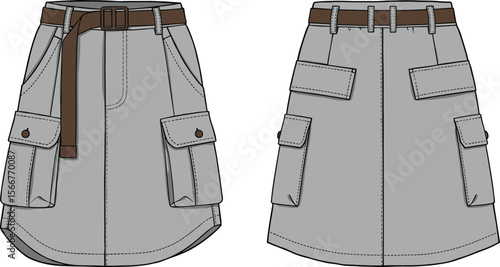  Front and Back Views of a Women's Cargo Mini Skirt, Featuring Belt, Pockets, and Button Details, Ideal for Fashion Design, Technical Apparel Drawings, and Product Development, Vector Template.