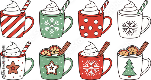 Christmas hot chocolate, cocoa mug, coffee cup, coffee, latte and tea. Beverage cozy set isolated on white background. New Year drink, winter dessert, holiday sweet menu. Cartoon festive vector File.