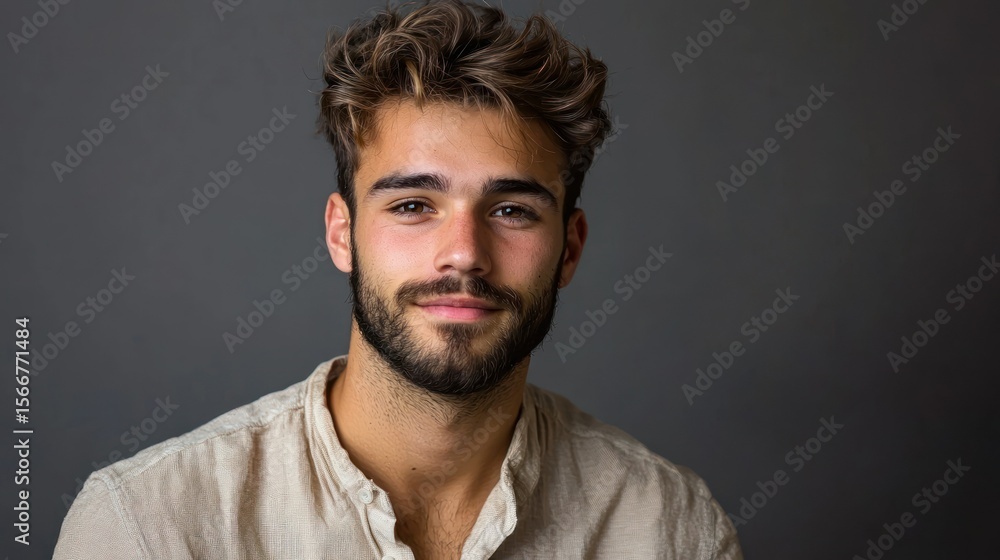 Obraz premium A young man with curly hair and a beard, wearing a light-colored shirt, standing against a gray background.