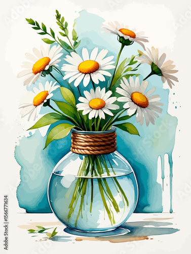 Elegant Watercolor Painting of Daisies in a Glass Vase