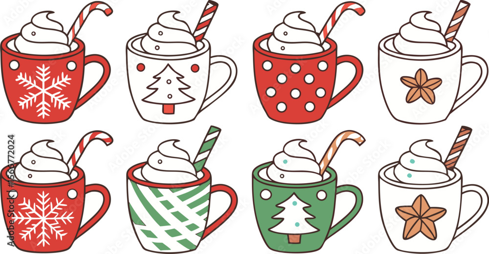 Christmas hot chocolate, cocoa mug, coffee cup, coffee, latte and tea. Beverage cozy set isolated on white background. New Year drink, winter dessert, holiday sweet menu. Cartoon festive vector File. Christmas hot chocolate, cocoa mug, coffee cup, coffee, latte and tea. Beverage cozy set isolated on white background. New Year drink, winter dessert, holiday sweet menu. Cartoon festive vector File.