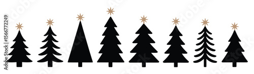 black silhouette christmas trees with golden stars in various shapes and sizes - festive holiday vector illustration on white background