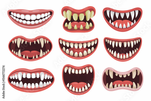 Scary clown vector with twelve cartoon monster mouths, suitable for Halloween designs, greeting cards, kids party decorations, and horror themes.