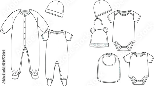  Detailed Line Art Illustrations of Baby Clothes and Accessories, Including Bodysuits, Rompers, Hats, and Bibs, Perfect for Fashion Design, Cad Drawings, and Product Development, Vector Set.