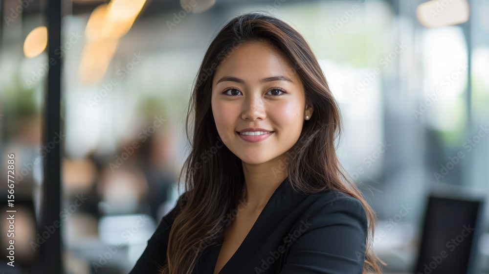 A young woman with long dark hair, wearing a black blazer, standing in an office with a glass wall and a laptop in the background. A young woman with long dark hair, wearing a black blazer, standing in an office with a glass wall and a laptop in the background.