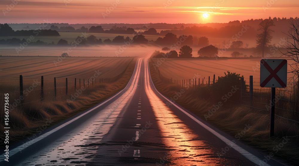Fototapeta premium Einsame Straße bei Sonnenaufgang – Melancholischer Moment in weiter Natur