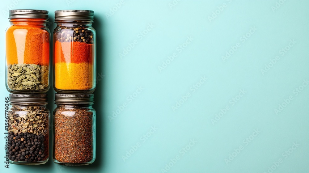 Fototapeta premium colorful spice collection in glass jars on bright mint background for culinary cooking seasoning and gourmet food photography