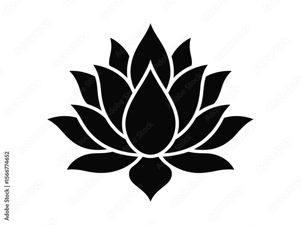 A minimalist black and white illustration of a lotus flower in a symmetrical design A minimalist black and white illustration of a lotus flower in a symmetrical design