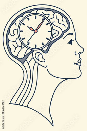 Clock embedded in brain illustration, ideal for promoting sleep health, circadian rhythm awareness, and neuroscience education.
