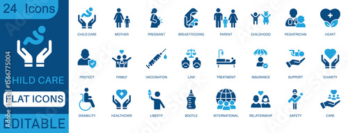 Child Care Icon Set. Containing parenting, baby care, feeding, hygiene, and medical icons. Perfect for family health apps, daycare services, and early education projects. perfect flat icon collection.
